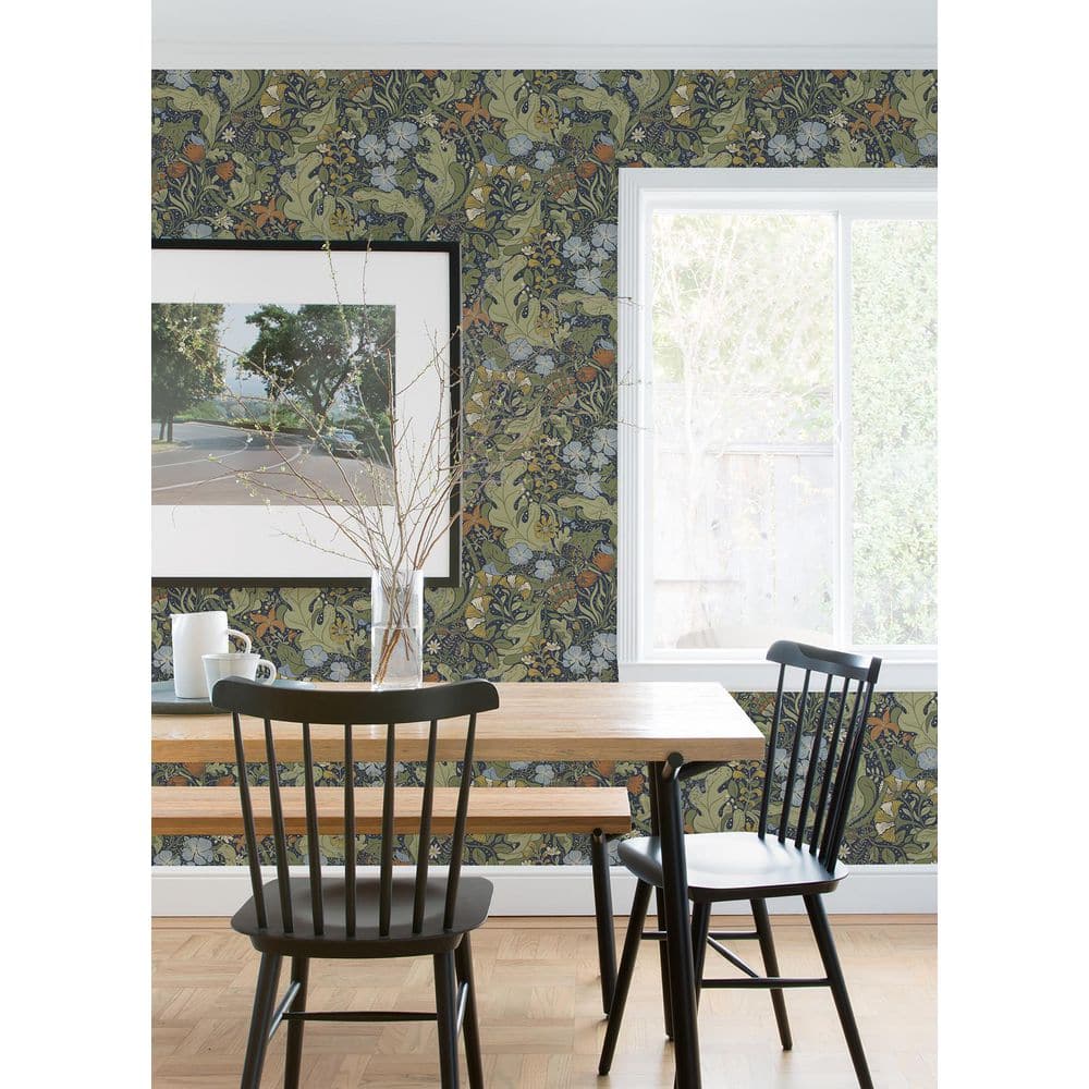 Indigo and Green Floral Removable Wallpaper Roll