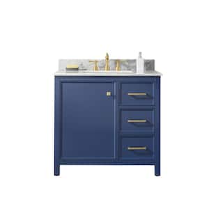 36 in. W Vanity in Blue with Marble Vanity Top in White with White Basin