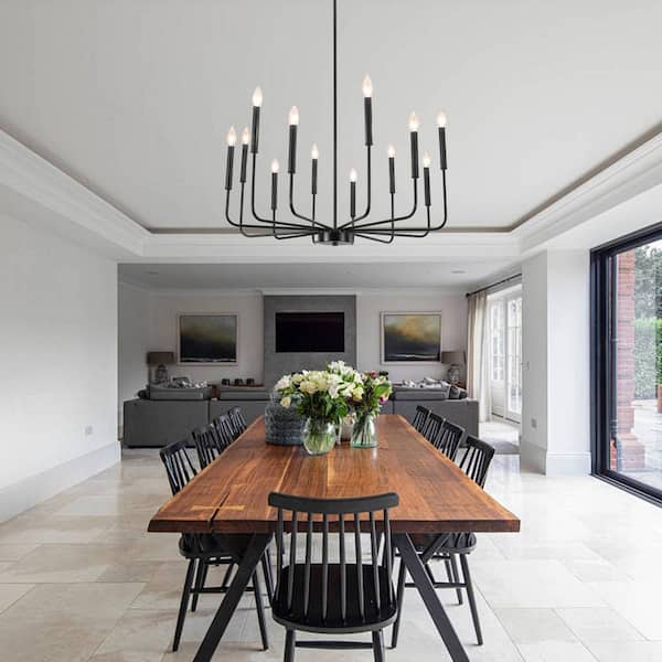12-Light Black Candlestick Hanging Island Linear Chandelier Lighting for Kitchen Island
