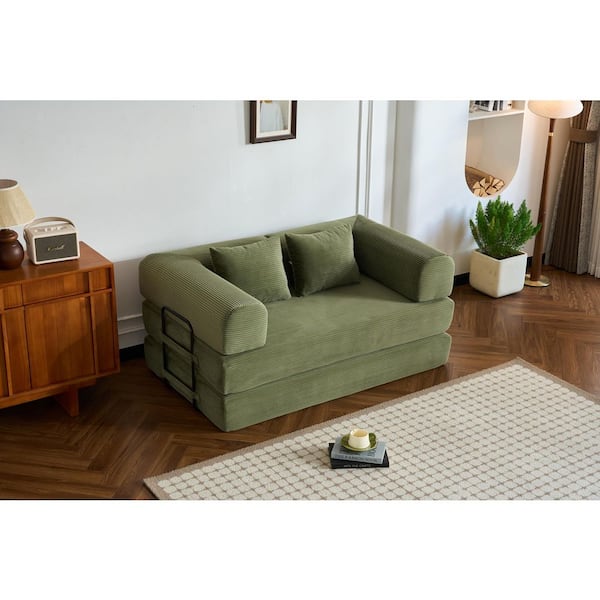59.05 in. Green Striped Corduroy Twin Size Convertible Sofa Bed