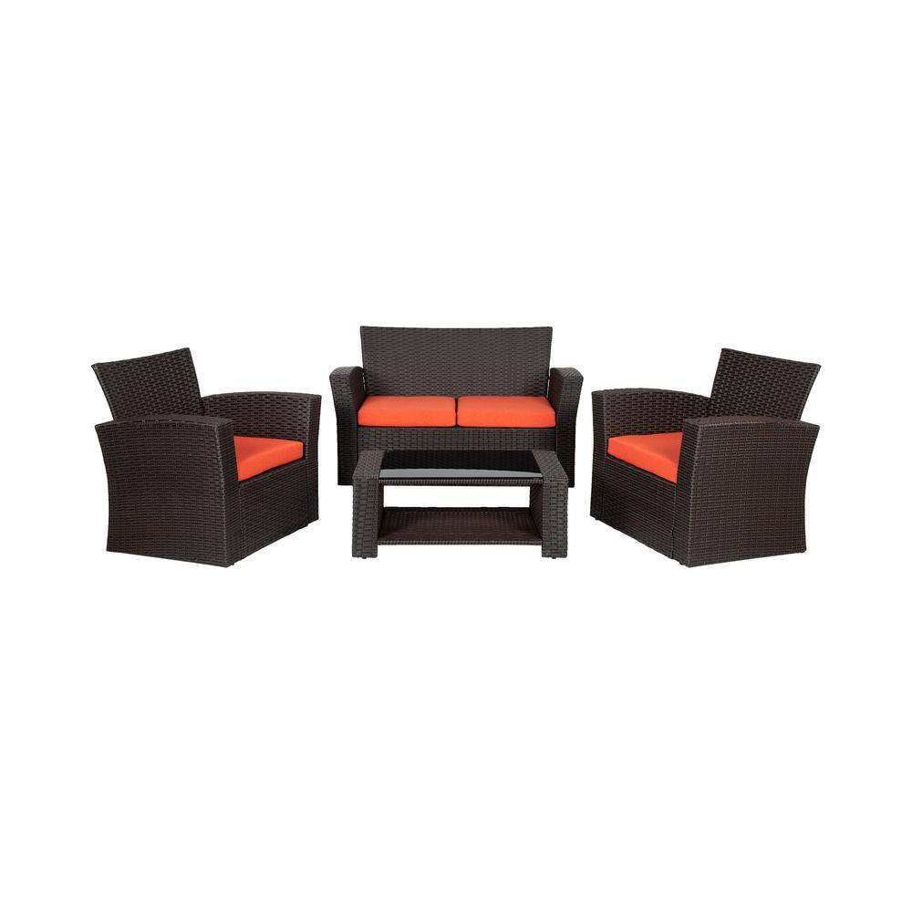 Grandview Outdoor Chocolate Wicker 4-Piece Patio Set with Orange Cushions