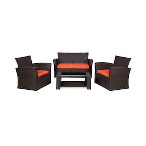 Hudson 4-Piece Chocolate Wicker Outdoor Patio Loveseat and Armchair Conversation Set w/Orange Cushions and Coffee Table