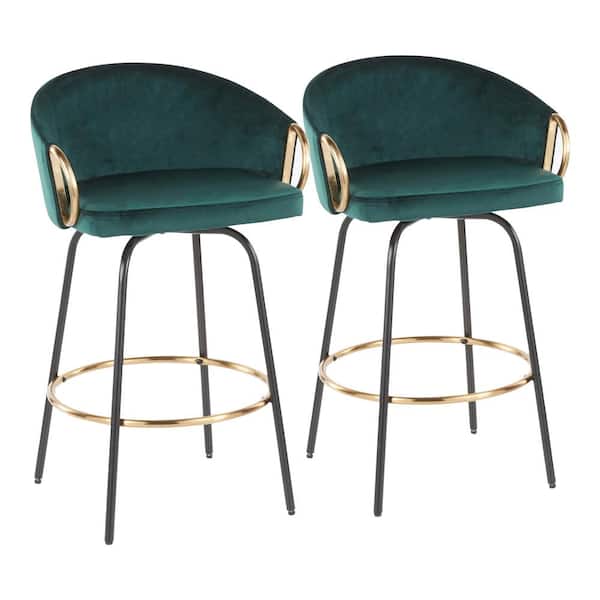 Lumisource Claire 34.5 in. Counter Height Bar Stool in Green Velvet and Black Metal (Set of 2)