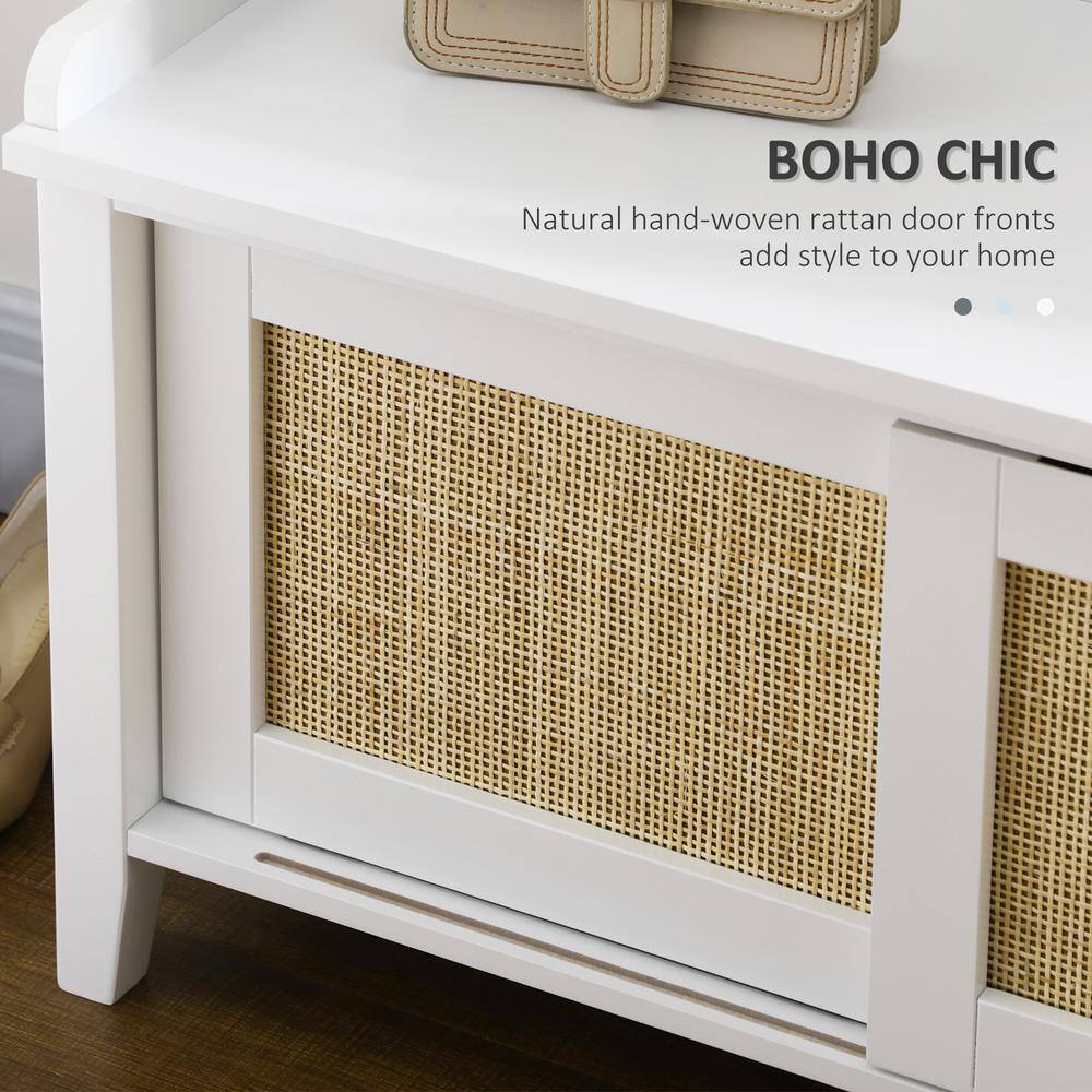 White Pine Wood Shoe Storage Bench with Rattan Sliding Doors