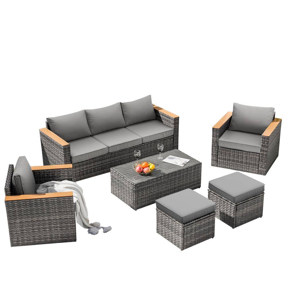 6-Pieces Gray Wicker Outdoor Couch Patio Sectional Sofa Conversation Sets w
