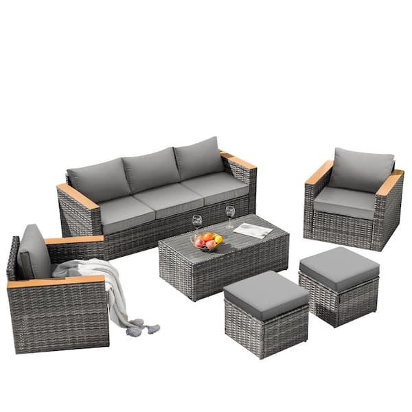 Unbranded 6-Pieces Gray Wicker Outdoor Couch Patio Sectional Sofa Conversation Sets with Gray Cushions for Backyard Lawn