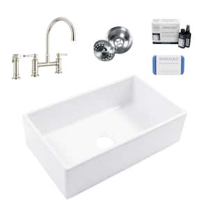 Turner 30 in. Farmhouse Apron Front Undermount Single Bowl Crisp White Fireclay Kitchen Sink with Nickel Faucet Kit