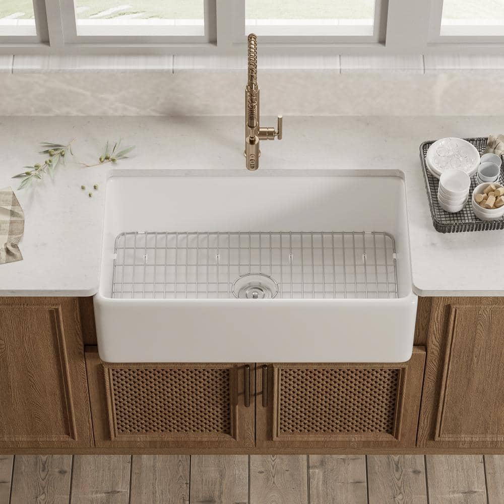 33" White Fireclay Farmhouse Drop-In Kitchen Sink