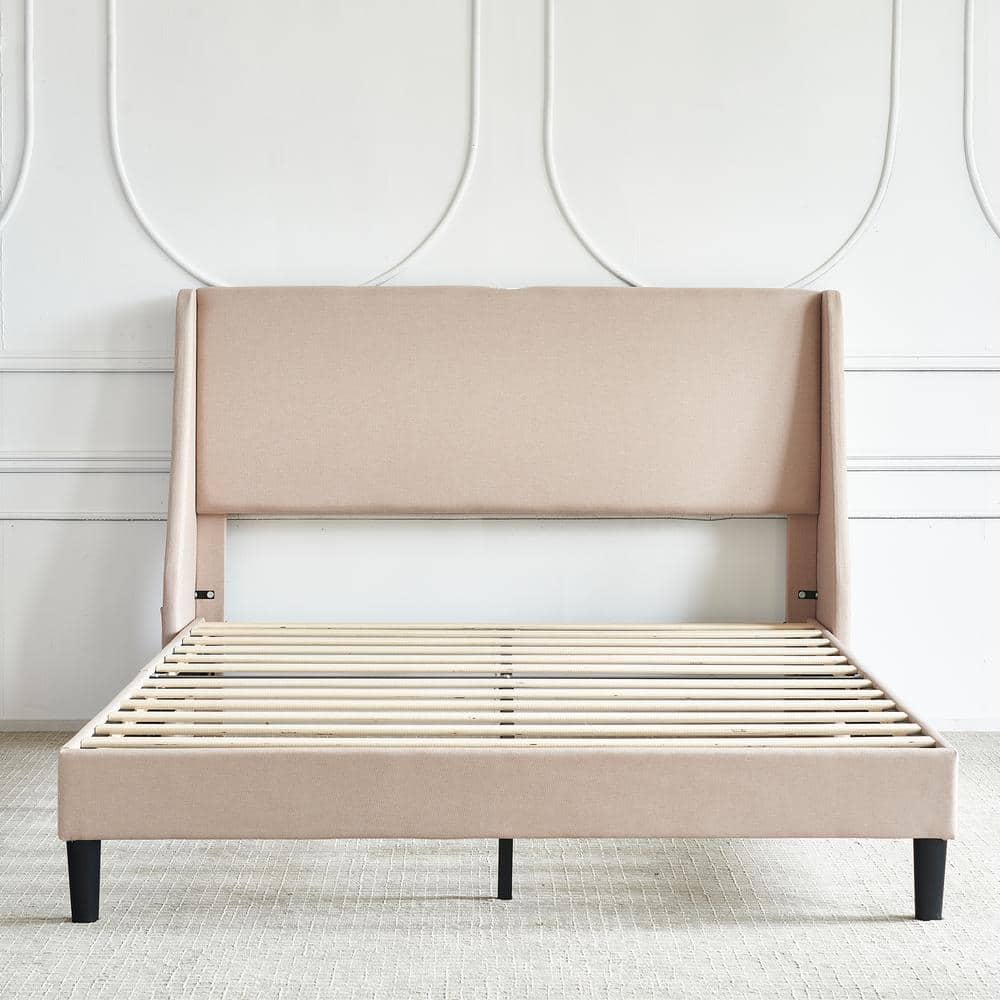 Upholstered Bed Frame with Headboard and Wingback, Beige Queen Size Bed Frame, Platform Bed with USB, and Type-C Ports - thumbnail 6