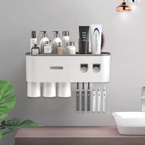 Toothbrush Holder Wall Mounted with Double Automatic Toothpaste Dispenser Squeezer Kit, Grey