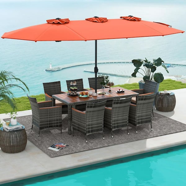 iwicker patio umbrella Tangkula 11 Piece Wicker Dining Set w/Double-Sided Patio Umbrella, Navy + Off White and resistant to fading from the sun(over 2000 hours) Direct Wicker Patio Umbrellas