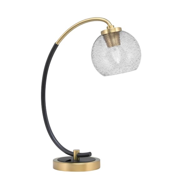 Unbranded Delgado 18.25 in. Matte Black and New Age Brass Accent Desk Lamp with Smoke Bubble Glass Shade
