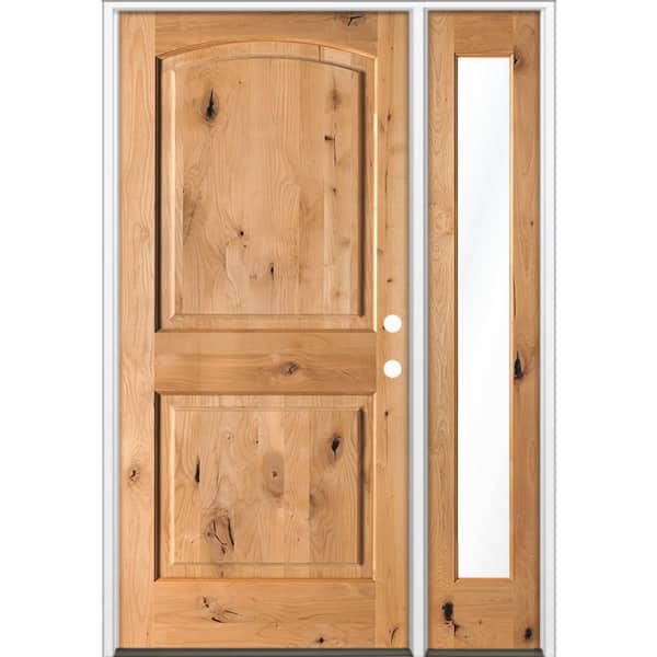 Krosswood Doors 56 in. x 80 in. Knotty Alder 2Panel Arch-Top Left-Hand/Inswing Clear Glass cedar Stain Wood Prehung Front Door w/ RFSL