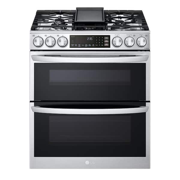 LG 6.9 cu. ft. Smart Slide-In Double Oven Gas Range with ProBake and InstaView in PrintProof Stainless Steel