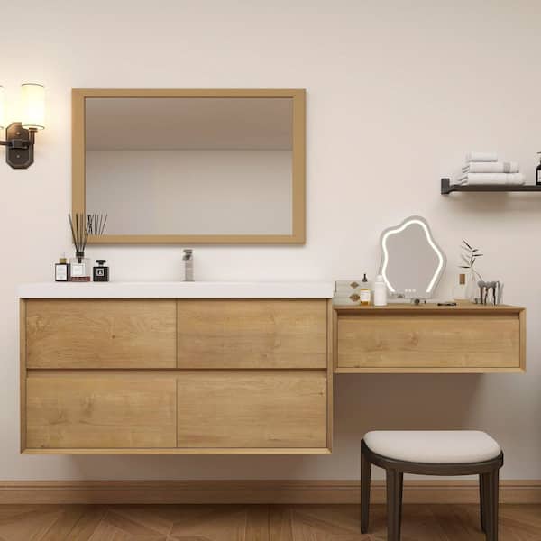 Kingdee 77 in. W x 20 in. D x 26 in. H Single Sink and Side Table Counter Bath Vanity in Teak Oak with White Acrylic Top