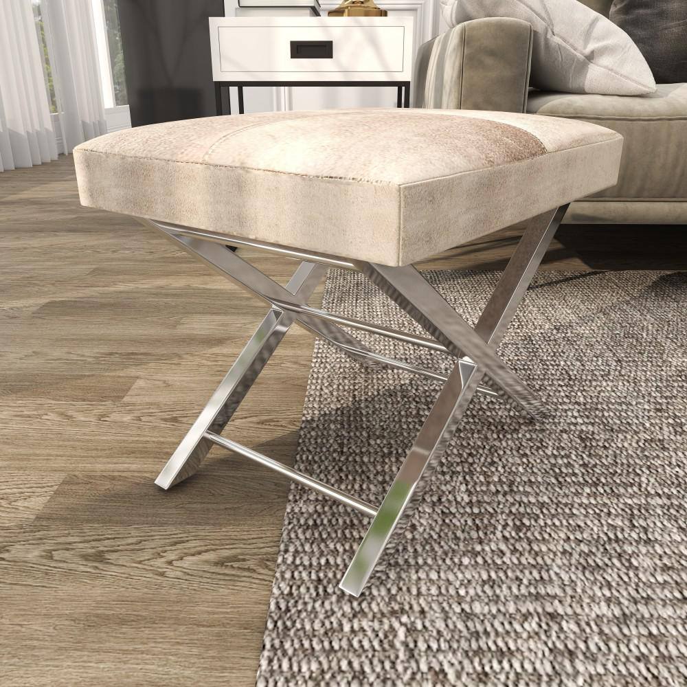 Gray Hair on Hide Leather and Stainless Steel X-Base Stool