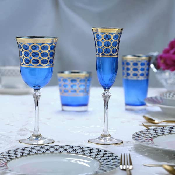 Blue Crystal Wine Glasses Accented With 24k Gold