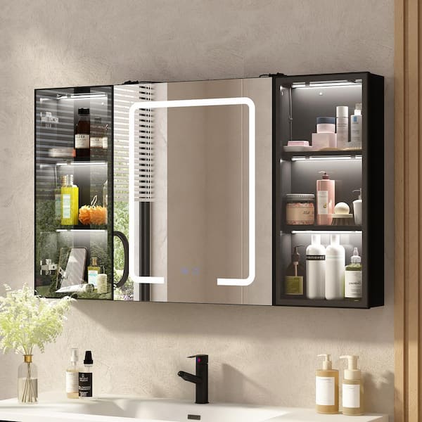 FUFU&GAGA 47.2 in. W x 27.6 in. H Rectangular Surface Mount Bathroom Medicine Cabinet with Mirror, Glass Doors, Anti-fog, Lights
