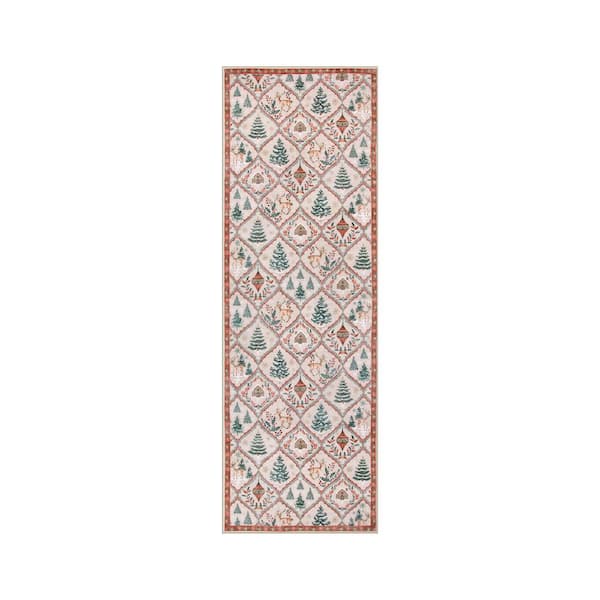 Washable Christmas Vintage Moroccan Animal Non Slip 2 ft. x 6 ft. Beige Entryway Kitchen Indoor Runner rug