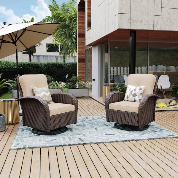 UPHA 2-Piece Brown Wicker Outdoor Rocking Chair Swivel Chair with Beige Cushions
