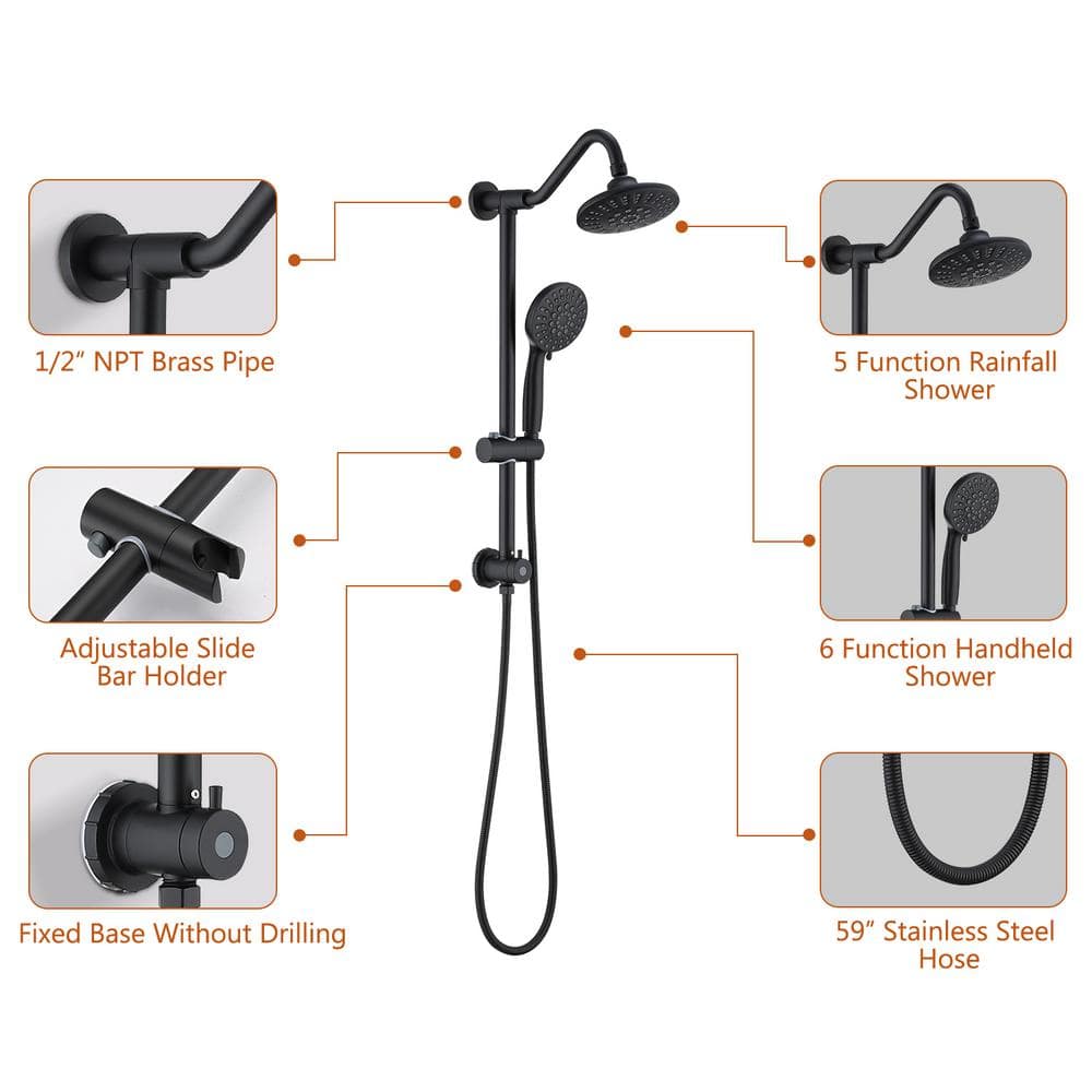 Large Matte Black Round Rain Shower Head with Handheld