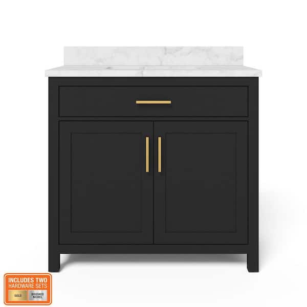 Bonheur 37 in. Single Sink Freestanding Black Bath Vanity with White Engineered Stone Top (Assembled)
