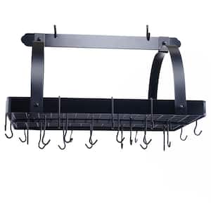 Matte Black Rectangular Hanging Pot Rack with Grid and 24-Hooks