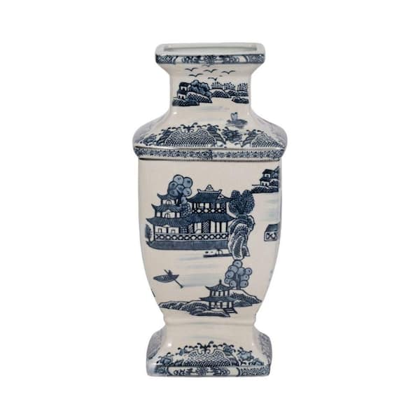 15 in. Blue and White Ceramic Chinoiserie Floral Vase