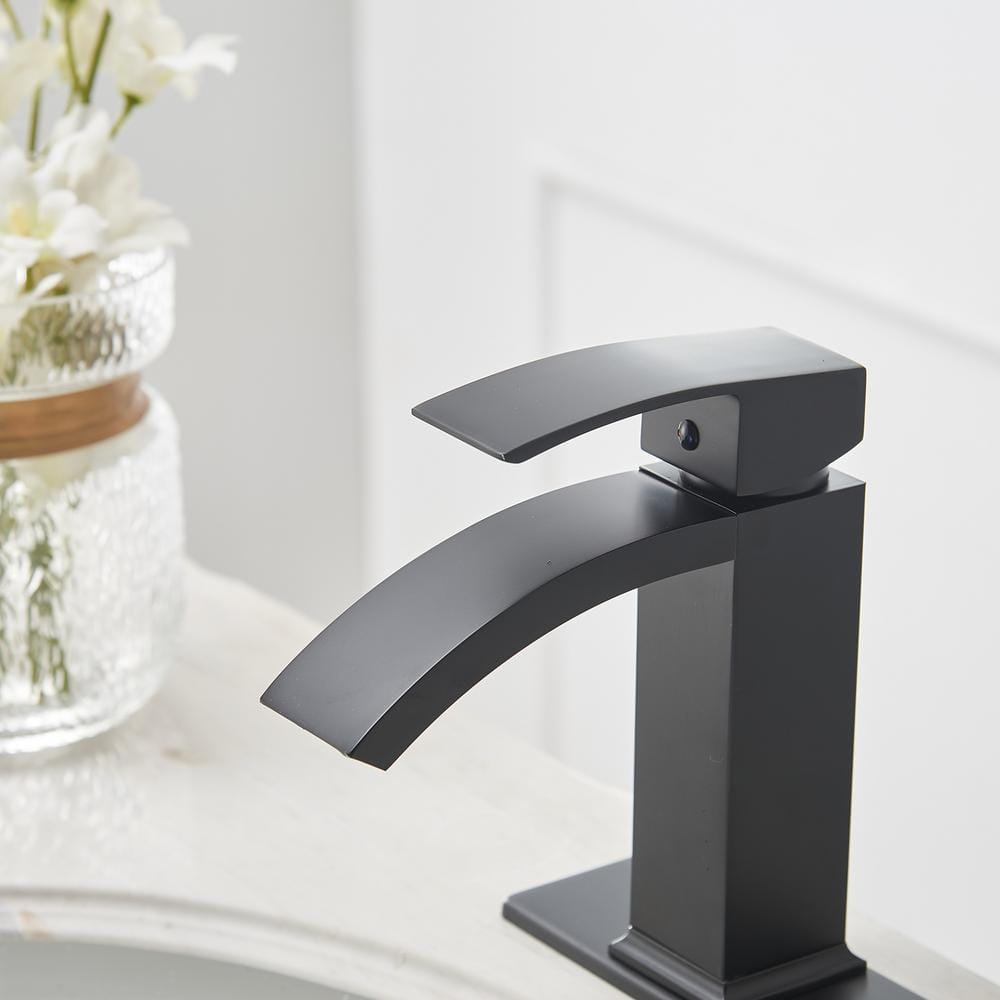 Matte Black Single-Handle Waterfall Bathroom Faucet with Pop-Up Drain
