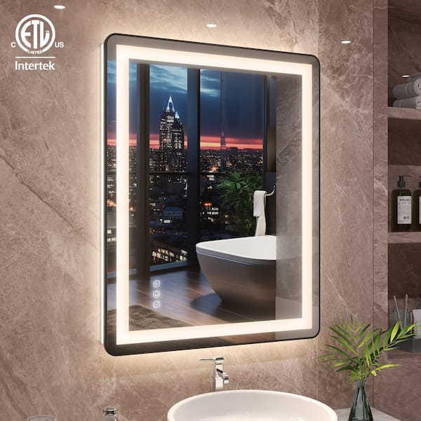 36 in. W x 28 in. H Rectangle Seamless Rounded Framed Wall Bathroom LED Vanity Mirror in Matte black
