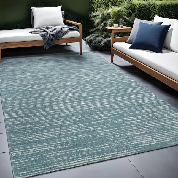 Linea Teal 9 ft. x 12 ft. Rubber Back Washable Modern Striped Indoor Outdoor Patio Area Rug