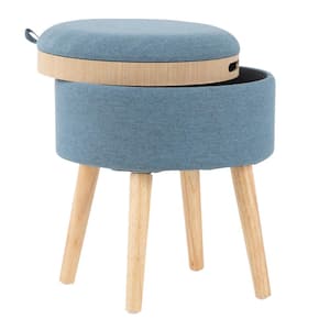 Tray 17 in. Blue Fabric and Natural Wood Stool with Tray Top Lid