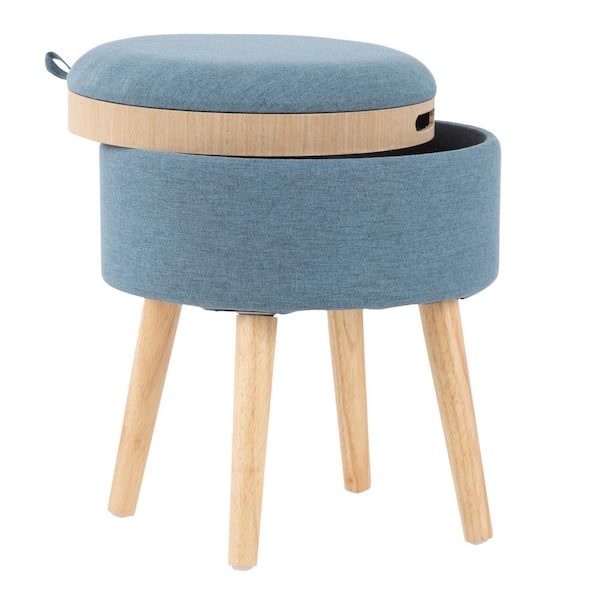 Lumisource Tray 17 in. Blue Fabric and Natural Wood Stool with Tray Top Lid