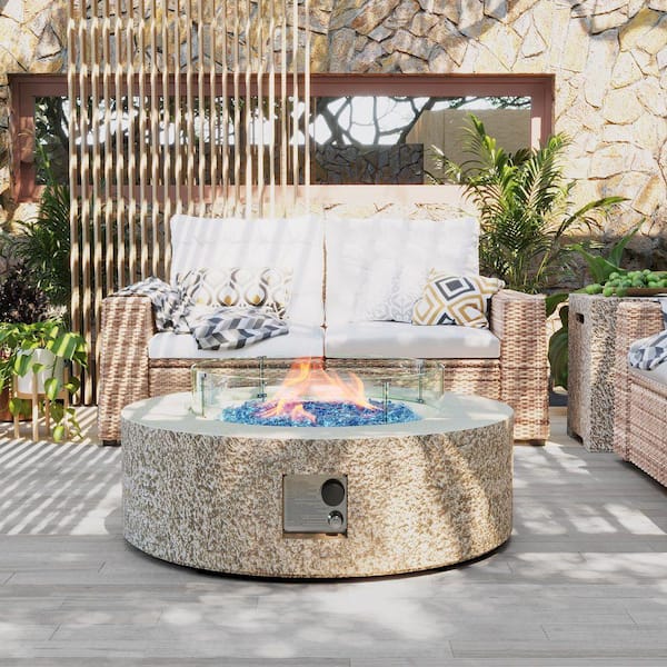 42in. 50000BTU Outdoor Beige Round Magnesium Oxide Fire Pit Table with Glass Cover and Propane Tank Cover
