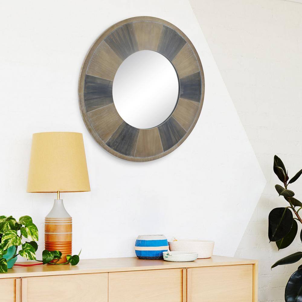 Rustic Round Two-Tone Wood Wall Mirror 30"