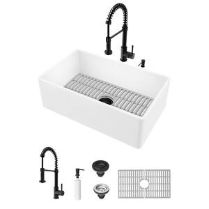 Matte Stone White Composite 30 in. Single Bowl Flat Farmhouse Kitchen Sink with Faucet in Matte Black and Accessories