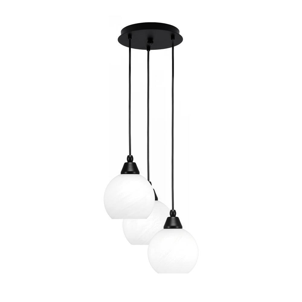 Savannah 9 in. 3-Light Matte Black Cord Pendant Light White Marble Glass Sh