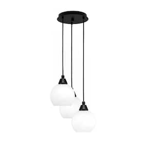 Savannah 9 in. 3-Light Matte Black Cord Pendant Light White Marble Glass Shade