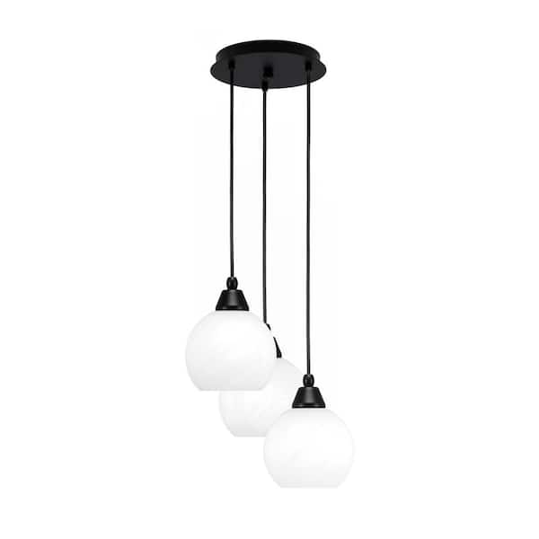 Savannah 9 in. 3-Light Matte Black Cord Pendant Light White Marble Glass Shade