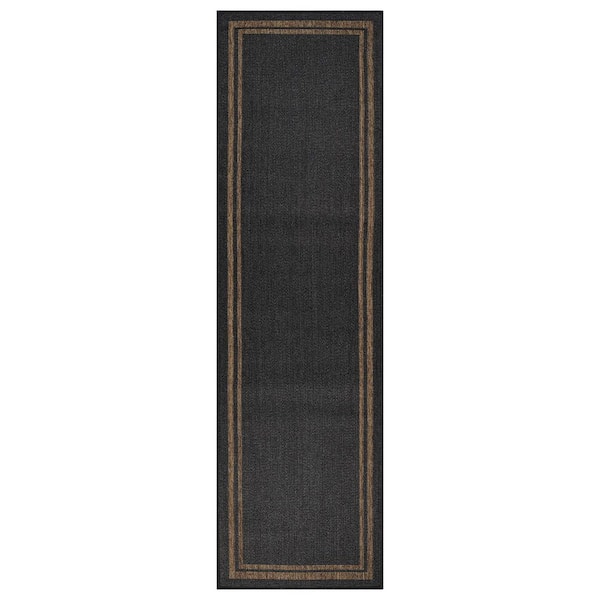 Border Dark Gray/Natural Easy-Care Jute-Style Indoor/Outdoor Flat Woven Area Rug 2 ft. 3 in. x 8 ft. Dark Gray