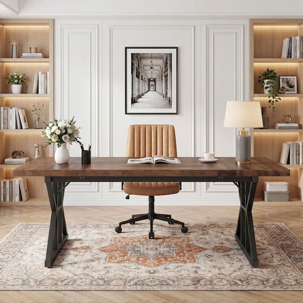 70.86" in. Rectangle Deep Brown and Black Wood Conference Table, Computer Desk, Study Writing Desk with Metal Base