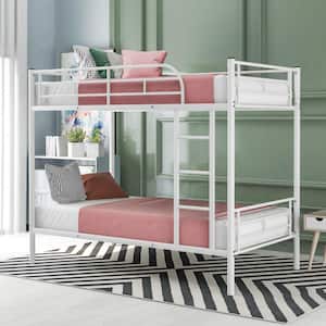 Detachable White Twin over Twin Metal Bunk Bed with Built-in Ladder and Full-Length Guardrails for Upper Bed