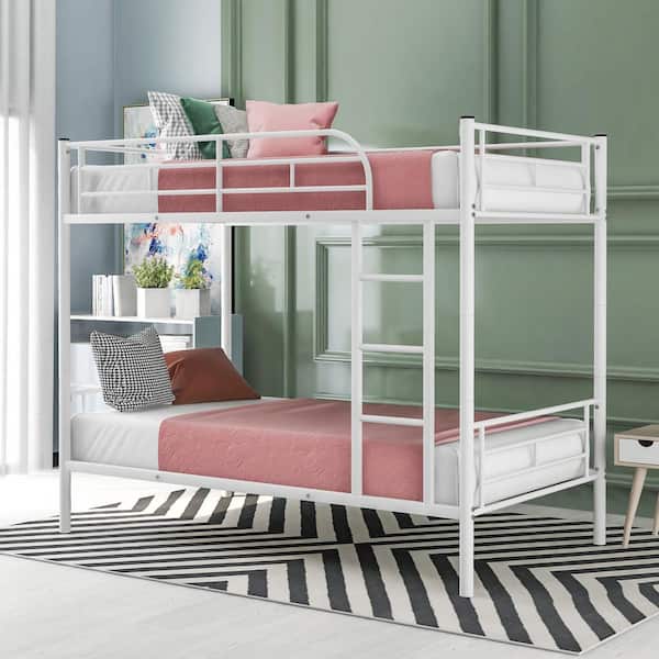 Harper & Bright Designs Detachable White Twin over Twin Metal Bunk Bed with Built-in Ladder and Full-Length Guardrails for Upper Bed