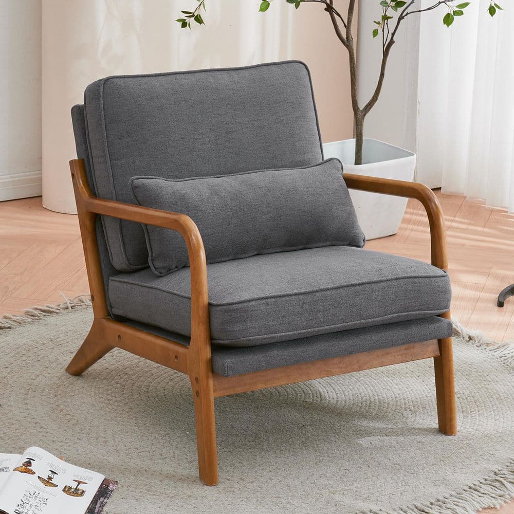 Dark Grey Linen Upholstered Wood Frame Accent Chair
