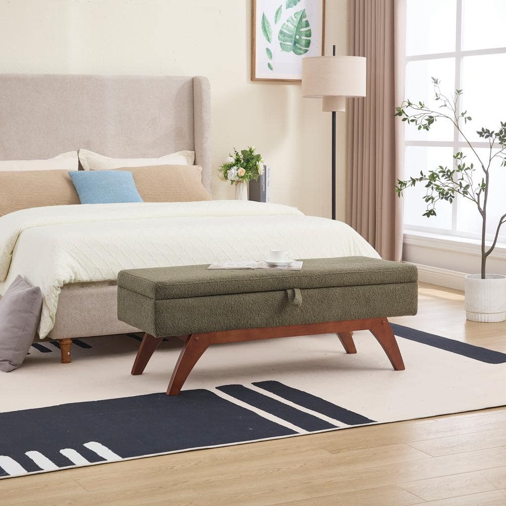 Horizon Green Modern Upholstered Teddy Wool Storage Ottoman, Solid Wood Legs