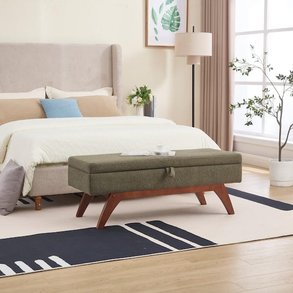 Noble House Horizon Green Modern Upholstered Teddy Wool Storage Ottoman, Solid Wood Legs