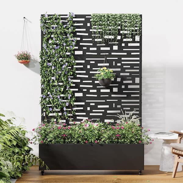72 in. H x 47 in. W Rectanglar Black Outdoor Metal Privacy Screen Planter Box Wall Decor in Boulevard Pattern
