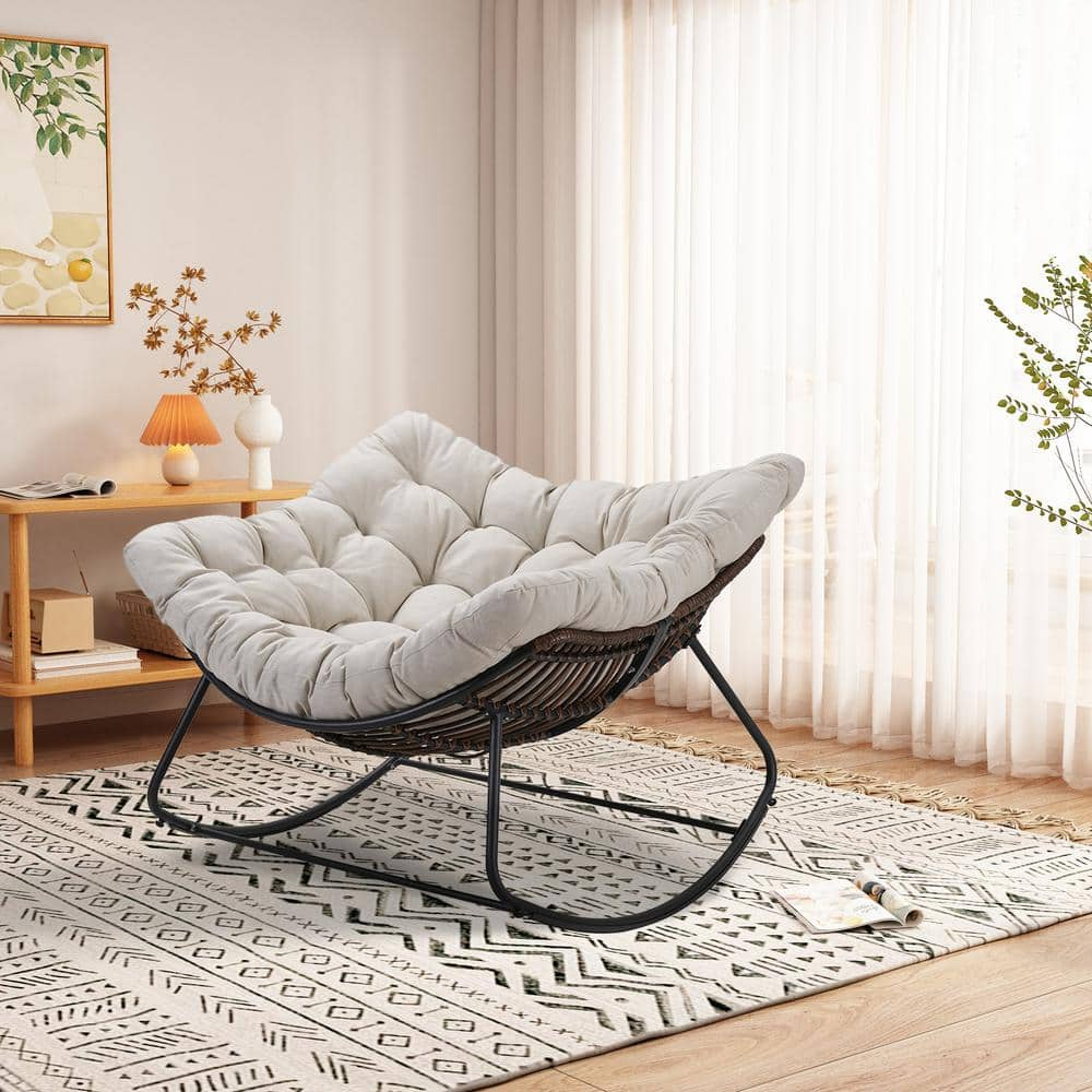 Beige Metal Outdoor Rocking Chair with Cushions and Dark Grey Frame ZSY ...