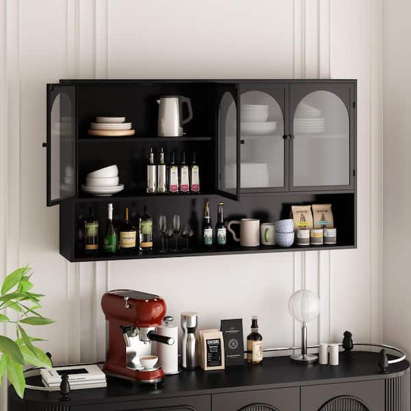 Modern 47 in. W x 9 in. D x 27 in. H Glass Wall-Mounted for Kitchen, Bathroom Storage Wall Cabinet in Black