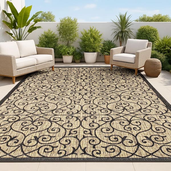 Madrid Vintage Filigree Textured Weave Black/Khaki 9 ft. x 12 ft. Indoor/Outdoor Area Rug